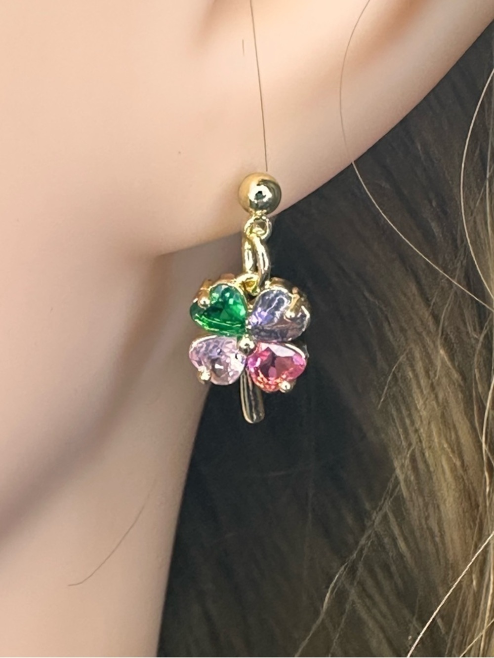 Gold Tone Clover Drop Earrings, Multicolor Heart Crystal Earrings, Lucky Charm